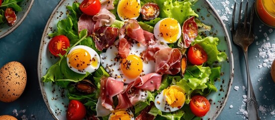 Easter breakfast with salad, prosciutto, tomato, lettuce mix and mayo, topped with quail eggs. - obrazy, fototapety, plakaty