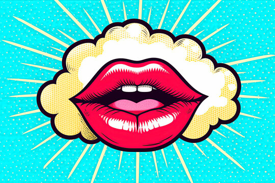 Background with sexy female lips in the style of pop art pin-up. Illustration Generative AI