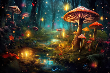 Magical glowing mushrooms in a fairy forest. Generative AI illustration.