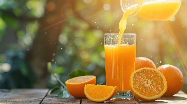Pouring orange juice into the glass on wooden table in orange farming. 100% natural 