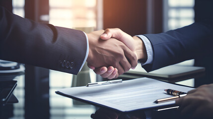 Image of a handshake. Successful businessmen shaking hands after a good deal. Horizontal, blurred background Business partnership meeting. 