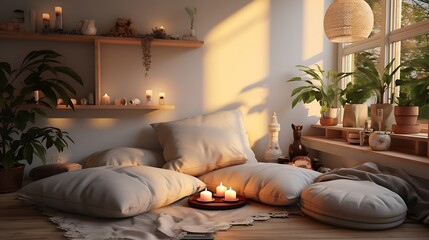 A meditation or yoga corner with soft lighting and comfortable cushions.