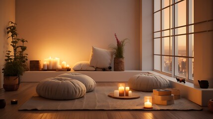 A meditation or yoga corner with soft lighting and comfortable cushions.