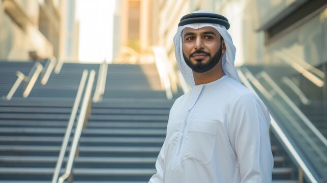 Proud Saudi Arab man approaching the future climbing stairs. Emirati successful muslim man moving forward to new challenges wearing traditional