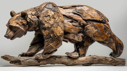 A bear sculpture carved from wood. Wooden art object of an animal with many age cracks in the wood