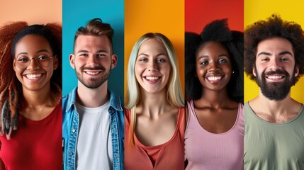 Row Of Multiracial People Faces Posing Smiling To Camera Over Colored Backgrounds. Line Of Diverse Headshots In Collage. Collection Of Happy Human Portraits. Social Diversity Concept. Panorama - Powered by Adobe