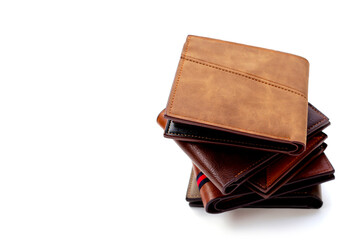 Stack of wallets on white background.