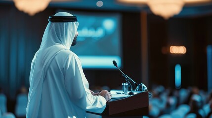 Saudi Businessman Making a Presentation on Stage During a Middle Eastern Business Conference. Entrepreneur in White Thobe Talking About Financial Growth, New Market Development, Marketing Strategy