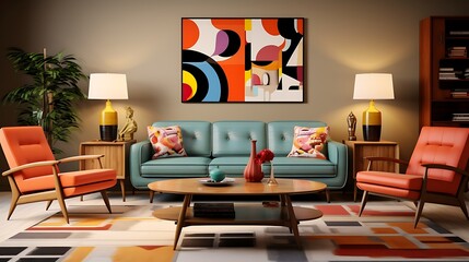 A mid-century modern living room with iconic furniture pieces and bold patterns.