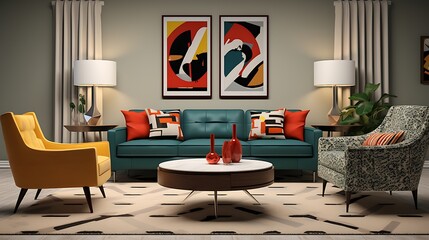 A mid-century modern living room with iconic furniture pieces and bold patterns.