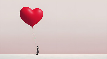 Banner for Valentine's Day. Silhouette of a lonely girl with a balloon in the form of a heart on an isolated background. Copy space. Valentine's day concept