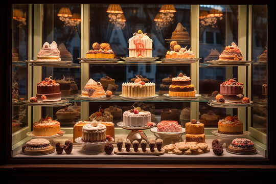 Pastry Shop Display Window With Cakes