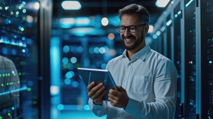 Smiling male engineer on glasses with digital tablet working on networking project, digital background 