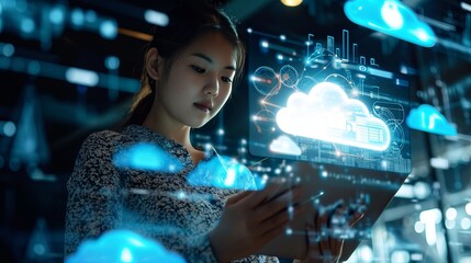 Woman Looking at Tablet With Cloud, Technology and Connectivity Concept - Powered by Adobe