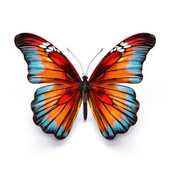 A striking orange and blue butterfly with open wings against a pure white backdrop