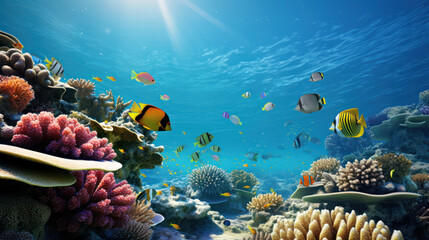 A bustling underwater scene of a coral reef teeming with colorful tropical fish