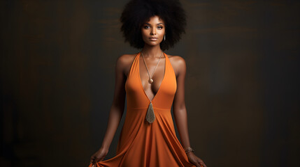 Beautiful dark-skinned model in a long orange dress with a neckline on a dark background in the studio