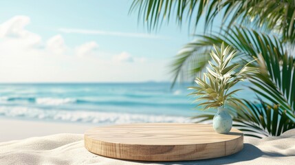 Summer product display on wooden podium at sea tropical beach - obrazy, fototapety, plakaty