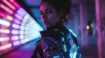 Sustainable fashion with flexible batteries and smart textiles. Flexible battery power in clothing industry. Wearable technology. Wearable innovation. A model wearing futuristic outfit