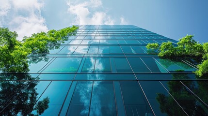 Sustainble green building. Eco-friendly building in modern city. Sustainable glass office building with tree for reducing carbon dioxide. Office with green environment. Corporate building reduce CO2. 
