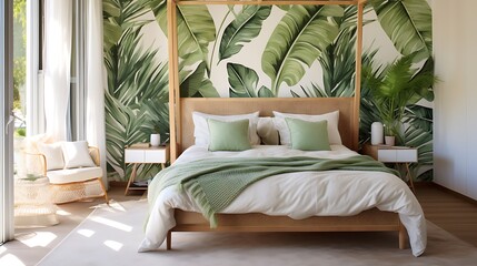 A tropical-themed bedroom with palm leaf wallpaper and bamboo furniture.