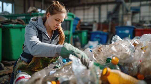 Caucasian volunteer woman on green sorts garbage separating plastic and paper