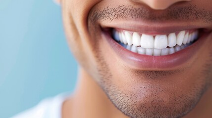 Young man with beautiful smile on blue background. Teeth whitening - obrazy, fototapety, plakaty