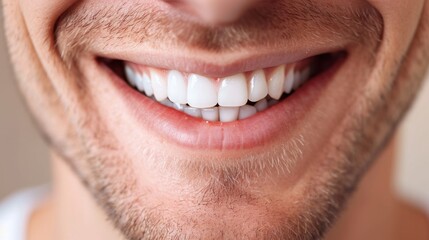 Wide shot with copy space on man's perfect teeth smile - obrazy, fototapety, plakaty