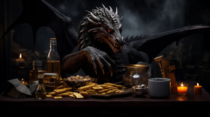 The black dragon alchemist creates gold. Detailed photorealistic stern character for design. - obrazy, fototapety, plakaty
