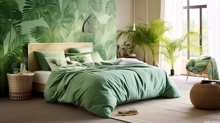 A tropical paradise bedroom with palm leaf wallpaper and rattan furniture.