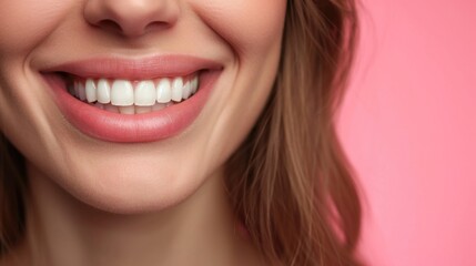 Wide shot with copy space on woman's perfect teeth smile