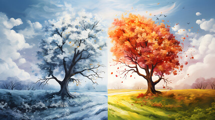 Seasons, Change of seasons, Season - winter, autumn, spring. Autumn met winter. Banner