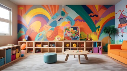 A vibrant and playful playroom for kids with built-in storage and interactive wall art.