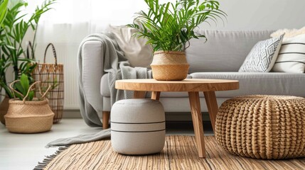 Wooden coffee table with with houseplant and wicker basket near grey sofa in living room. Style scandinavian on interior of living room . - obrazy, fototapety, plakaty