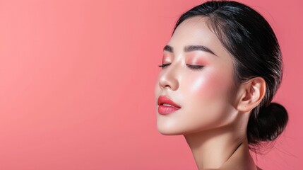 Young Asian beauty woman closed eyes  pulled back hair with korean makeup style on face and perfect skin on isolated pink background. Facial treatment, Cosmetology, plastic surgery.  - obrazy, fototapety, plakaty
