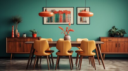 A vintage-inspired dining room with retro lighting and mid-century furniture.