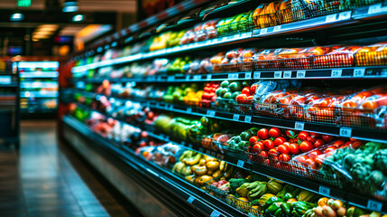 Supermarket interior with fresh produce on shelves, representing a healthy and colorful lifestyle. - obrazy, fototapety, plakaty