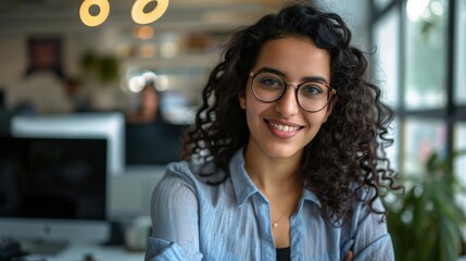 Young successful Indian IT developer female engineer working inside the office of a development company portrait of a female programmer with curly hair and glasses, smiling and looking at the camera.