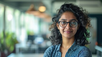 Young successful Indian IT developer female engineer working inside the office of a development company portrait of a female programmer with curly hair and glasses, smiling and looking at the camera. - obrazy, fototapety, plakaty