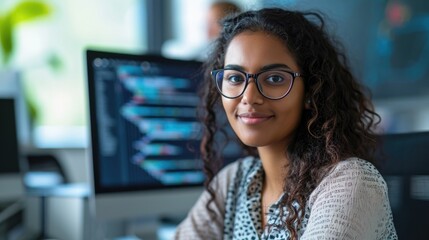 Young successful Indian IT developer female engineer working inside the office of a development company portrait of a female programmer with curly hair and glasses, smiling and looking at the camera. 