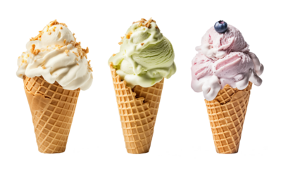 Vanilla, pistachio and blueberry ice cream cone set isolated on transparent background