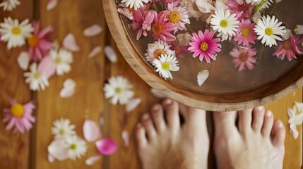 Obraz na płótnie Canvas Serene Foot Bath with Daisy Flowers. Feet in water surrounded by daisies, a tranquil at-home spa concept.