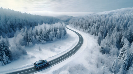 Top view of a car driving on a snowy road in the middle of a frozen forest covered with snow