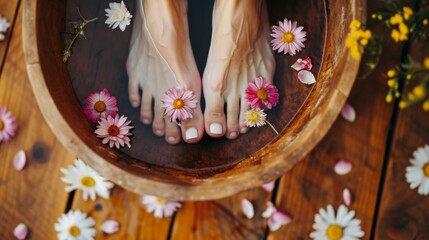 Obraz na płótnie Canvas Herbal Foot Soak with Vibrant Flowers. Vibrant flowers around feet in a soothing herbal spa treatment.