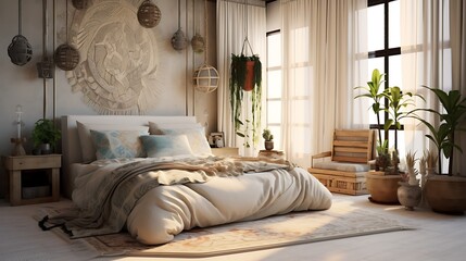 A bedroom with a boho chic style and layered textiles.
