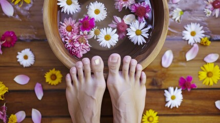 Obraz na płótnie Canvas Refreshing Daisy Foot Soak at Home. Overhead view of a refreshing foot soak with daisies and wooden texture.