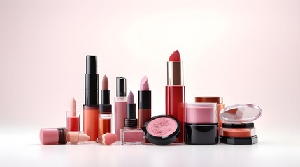 Cosmetic products and makeup on pink background. (3)