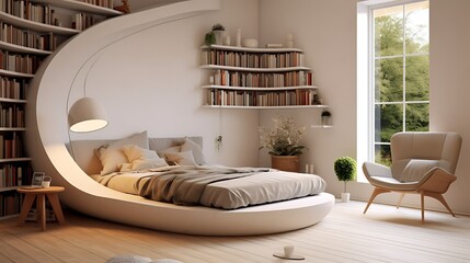 A bedroom with a cozy reading nook.