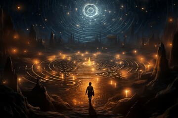 Mesmerizing celestial mazes, challenging adventurers with their shifting paths - Generative AI - obrazy, fototapety, plakaty