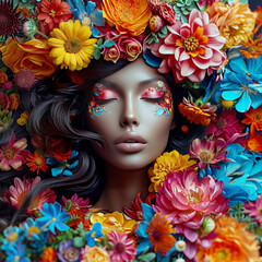 A queen of flowers. Beautiful woman surrounded by bright flowers. Digital art concept for any beauty project.